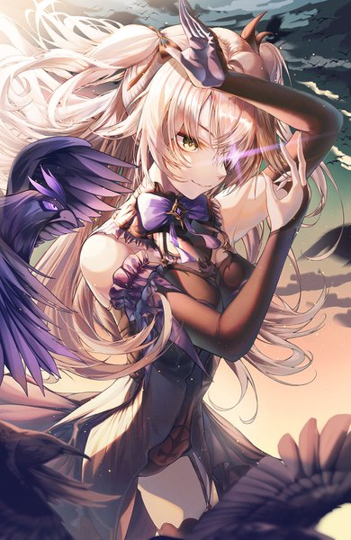 Anime picture 1000x1536 with genshin impact fischl (genshin impact) oz (genshin impact) apraxia single long hair tall image fringe breasts light erotic blonde hair smile standing green eyes payot looking away sky cloud (clouds) outdoors fingernails