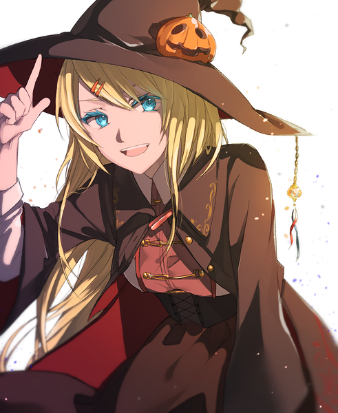 Anime picture 900x1100 with original hikari50503 single long hair tall image looking at viewer open mouth blue eyes blonde hair simple background white background halloween girl hat hairclip cloak witch hat
