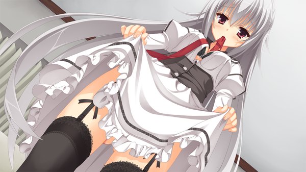Anime picture 1280x720 with dracu-riot! yuzusoft elena olegovna owen long hair blush light erotic red eyes wide image game cg silver hair mouth hold skirt lift girl thighhighs black thighhighs