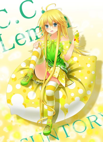 Anime picture 1300x1785 with original c.c. lemon c.c. lemon (character) akine (kuroyuri) single long hair tall image blush blue eyes blonde hair bare shoulders ahoge girl thighhighs dress striped thighhighs
