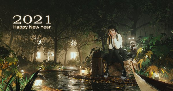Anime picture 3840x2025 with original rui li single long hair fringe highres black hair wide image sitting absurdres realistic arm support high heels glowing lacing new year happy new year 2021 3d stream