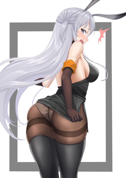 Anime picture 2480x3508 with arknights savage (arknights) lazgear single long hair tall image blush fringe highres breasts open mouth light erotic simple background hair between eyes standing animal ears silver hair ass profile looking back