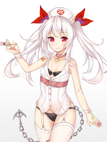 Anime-Bild 1050x1400 mit azur lane vampire (azur lane) vampire (little devil in white) (azur lane) seventeen (st17215) single long hair tall image looking at viewer blush fringe breasts light erotic simple background hair between eyes red eyes standing twintails bare shoulders holding payot