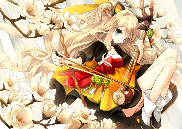 Anime picture 1200x854 with vocaloid seeu hajida (artist) single long hair blue eyes blonde hair animal ears looking down girl dress flower (flowers) shoes musical instrument bow (instrument) magnolia erhu