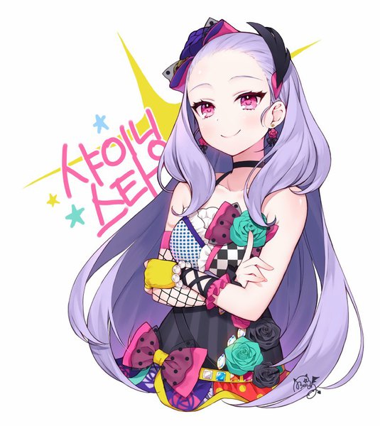 Anime picture 803x900 with byulzzimon single long hair tall image looking at viewer simple background smile white background signed purple hair pink eyes crossed arms girl dress gloves hair ornament flower (flowers) bow earrings choker