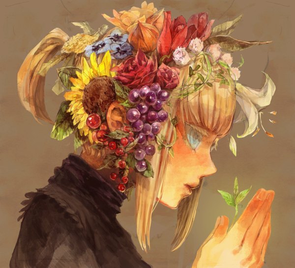 Anime picture 1300x1181 with original noco (adamas) single simple background blonde hair hair flower aqua eyes girl hair ornament flower (flowers) plant (plants) fruit sunflower