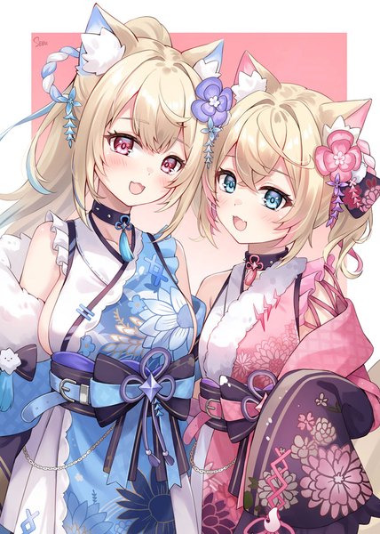 Anime picture 800x1121 with virtual youtuber hololive hololive english mococo abyssgard fuwawa abyssgard fuwawa abyssgard (new year) mococo abyssgard (new year) sebu illust long hair tall image blush fringe short hair breasts open mouth blue eyes light erotic blonde hair hair between eyes twintails