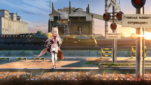 Anime picture 1920x1080 with original sion005 single long hair looking at viewer fringe highres blue eyes wide image holding animal ears payot full body outdoors white hair tail long sleeves animal tail light smile wind