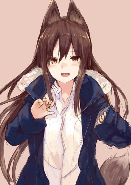 Anime picture 2480x3508 with original haik single long hair tall image looking at viewer blush fringe highres open mouth simple background smile hair between eyes brown hair brown eyes animal ears upper body tail animal tail open jacket