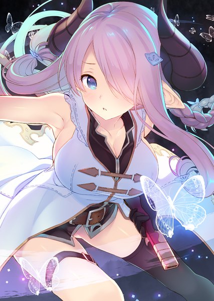 Anime picture 600x842 with granblue fantasy narmaya (granblue fantasy) tatami to hinoki single long hair tall image looking at viewer blush fringe breasts blue eyes light erotic hair between eyes large breasts purple hair braid (braids) parted lips horn (horns) pointy ears hair over one eye