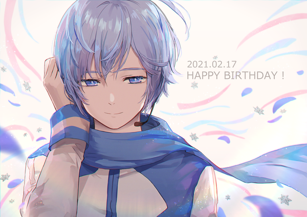 Anime picture 2000x1414 with vocaloid kaito (vocaloid) ashika (yftcc948) single highres short hair blue eyes smile white background blue hair upper body dated happy birthday boy petals scarf microphone snowflake (snowflakes)