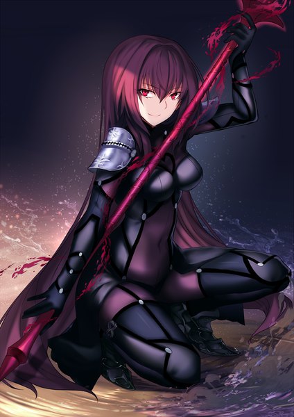 Anime picture 1000x1414 with fate (series) fate/grand order scathach (fate) (all) scathach (fate) karlwolf single long hair tall image looking at viewer fringe light erotic smile hair between eyes red eyes purple hair full body covered navel dark background squat girl