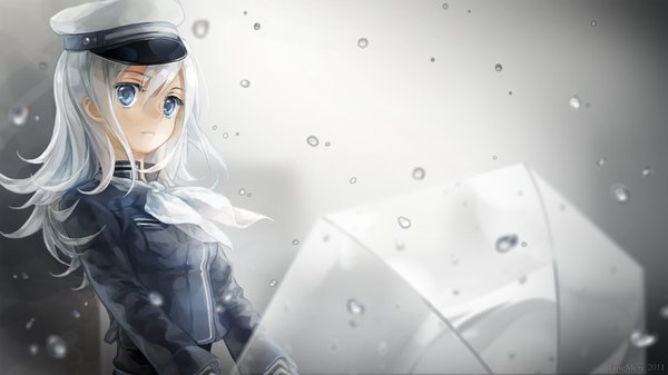 Anime picture 1920x1080 with original jane mere single long hair highres blue eyes wide image white hair rain transparent umbrella girl uniform umbrella military uniform peaked cap