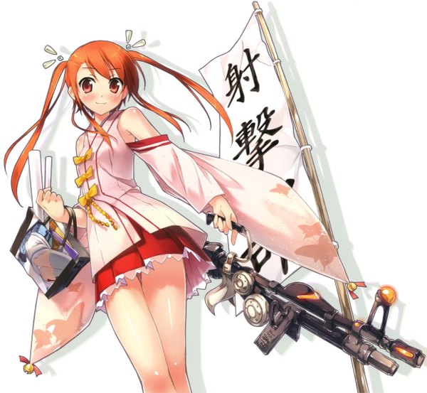 Anime picture 4845x4470 with kantoku long hair highres simple background red eyes white background twintails bare shoulders absurdres orange hair girl weapon detached sleeves gun flag