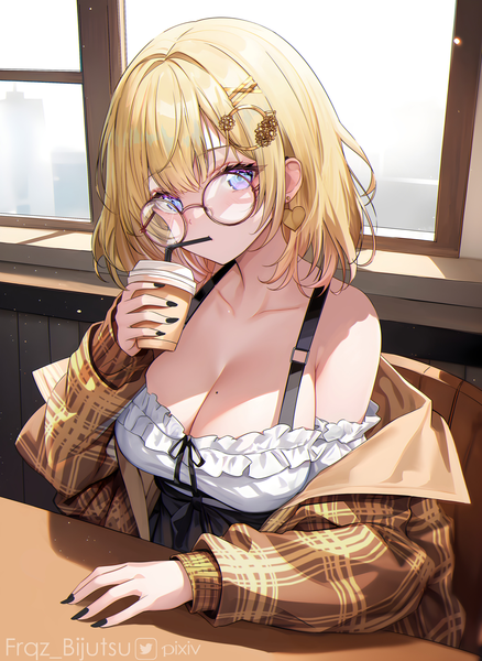 Anime picture 2989x4096 with virtual youtuber hololive hololive english watson amelia averageartist single tall image looking at viewer blush fringe highres short hair breasts blue eyes light erotic blonde hair large breasts sitting signed cleavage