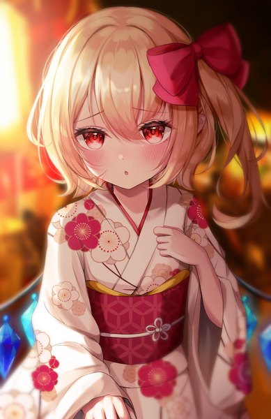 Anime picture 1581x2441 with touhou flandre scarlet naarsann single tall image blush fringe short hair blonde hair hair between eyes red eyes outdoors traditional clothes japanese clothes blurry :o loli embarrassed one side up floral print