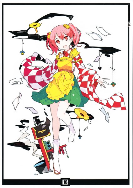 Anime picture 4304x6088 with touhou motoori kosuzu ideolo single tall image looking at viewer fringe highres short hair open mouth twintails pink hair absurdres pink eyes scan wide sleeves character names short twintails hair bell girl