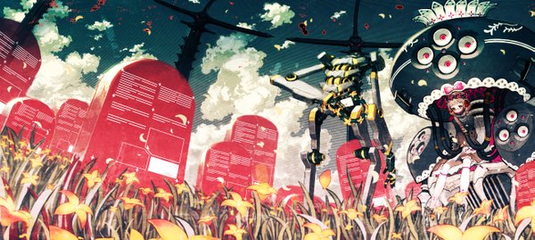 Anime picture 2605x1170 with original asgr highres blonde hair wide image sky cloud (clouds) orange eyes mechanical flower (flowers) petals glasses wire (wires) wreath mecha android letter