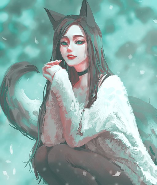 Anime picture 5118x6000 with original nixeu single long hair tall image looking at viewer fringe highres blue eyes black hair sitting animal ears absurdres outdoors tail long sleeves parted lips animal tail lips blurry