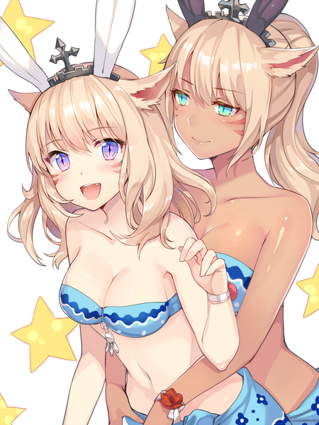 Anime picture 800x1066 with final fantasy final fantasy xiv square enix miqo'te momoko (momopoco) long hair tall image looking at viewer blush fringe breasts open mouth blue eyes light erotic blonde hair smile brown hair large breasts white background purple eyes