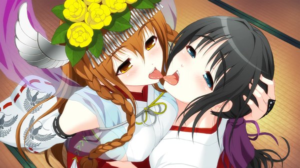 Anime picture 2048x1152 with axanael (game) long hair blush highres blue eyes light erotic black hair brown hair wide image multiple girls yellow eyes game cg shoujo ai kiss french kiss girl 2 girls