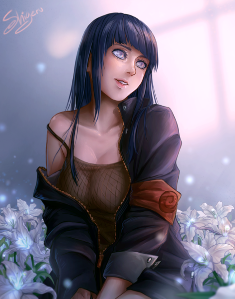 Anime picture 700x891 with naruto studio pierrot naruto (series) hyuuga hinata hakuno shigeru single long hair tall image blush fringe breasts sitting purple eyes signed payot blue hair looking away cleavage blunt bangs head tilt