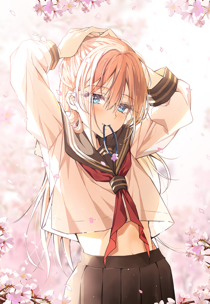 Anime picture 1200x1739 with original h shai single long hair tall image looking at viewer blush fringe blue eyes blonde hair hair between eyes holding ponytail long sleeves pleated skirt blurry arms up midriff mouth hold cherry blossoms