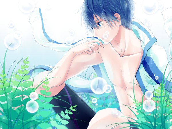 Anime picture 1600x1200 with free! kyoto animation nanase haruka (free!) shinkusora single short hair blue eyes blue hair open clothes open shirt finger to mouth boy plant (plants) shirt grass water drop