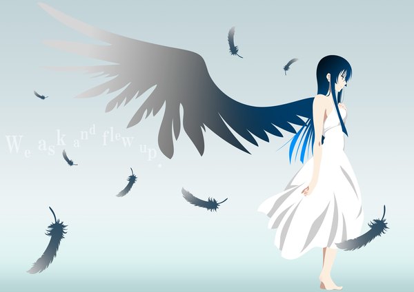 Аниме картинка 2480x1754 с кэйон! kyoto animation акияма мио один (одна) длинные волосы высокое разрешение чёрные волосы голые плечи босиком чёрные глаза надпись без рукавов девушка крылья перо (перья) сарафан