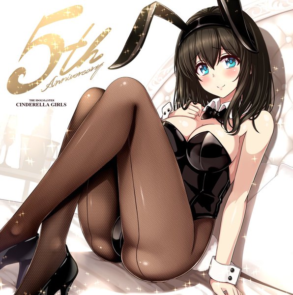 Anime picture 1100x1109 with idolmaster idolmaster cinderella girls sagisawa fumika jewel (the black canvas) single tall image looking at viewer blush fringe short hair breasts light erotic black hair smile hair between eyes large breasts sitting animal ears aqua eyes arm support