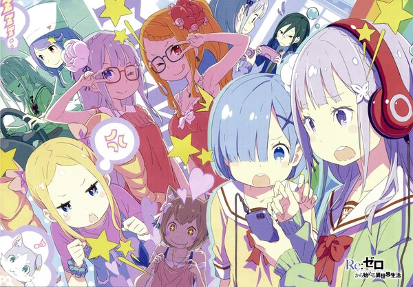 Anime picture 2876x2006 with re:zero kara hajimeru isekai seikatsu white fox rem (re:zero) emilia (re:zero) puck (re:zero) beatrice (re:zero) felix argyle priscilla barielle crusch karsten anastasia hoshin ootsuka shin'ichirou long hair looking at viewer blush fringe highres short hair open mouth blue eyes black hair