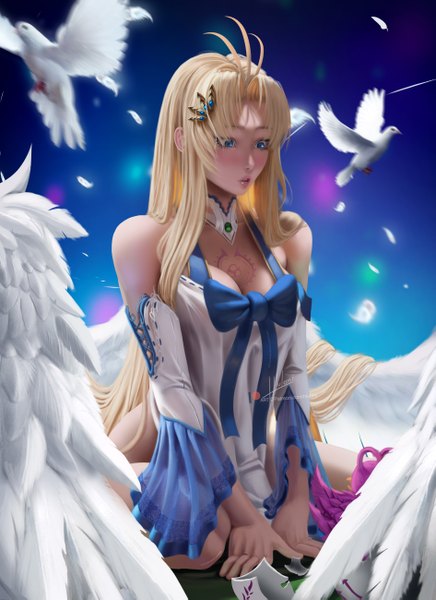 Anime picture 1890x2598 with tate no yuusha no nariagari kinema citrus firo (tate no yuusha no nariagari) hlulani single tall image blush fringe highres breasts open mouth blue eyes blonde hair large breasts sitting bare shoulders signed looking away cleavage ahoge