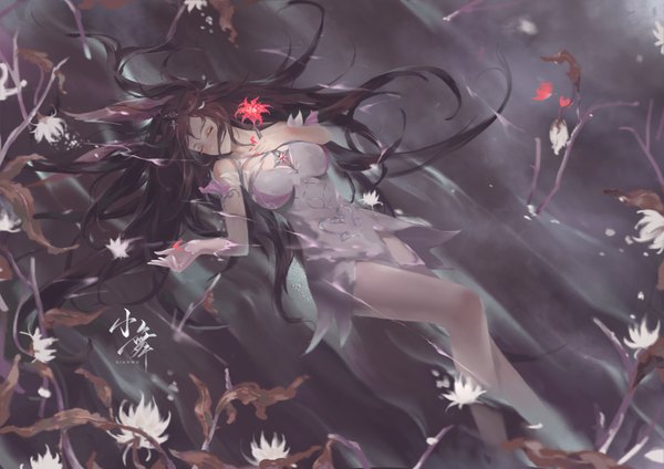 Anime picture 4119x2912 with douluo continent xiao wu douluo dalu xiaowu zhuye single long hair highres breasts black hair bare shoulders signed animal ears absurdres bent knee (knees) eyes closed realistic bunny ears copyright name character names partially submerged bunny girl