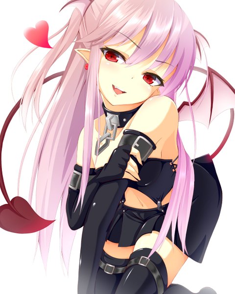 Anime picture 1024x1280 with original kinta (distortion) single long hair tall image looking at viewer open mouth red eyes pink hair tail pointy ears teeth fang (fangs) demon girl succubus girl gloves navel miniskirt wings