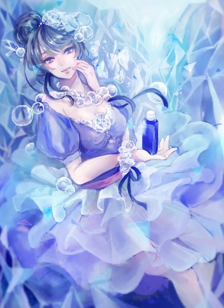 Anime picture 1000x1371 with original piyoyanagi single long hair tall image looking at viewer fringe blue eyes smile bare shoulders holding blue hair lips girl dress hair ornament ribbon (ribbons) frills bubble (bubbles) blue dress