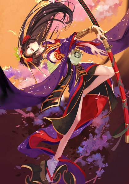 Anime picture 2196x3141 with luman single long hair tall image looking at viewer highres brown hair holding yellow eyes bent knee (knees) traditional clothes parted lips japanese clothes hair flower fingernails lips wide sleeves legs eyeshadow arched back