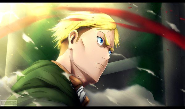 Anime picture 3264x1928 with shingeki no kyojin production i.g erwin smith kortrex single highres short hair blue eyes blonde hair wide image sunlight coloring letterboxed smoke boy plant (plants) tree (trees) blood cape