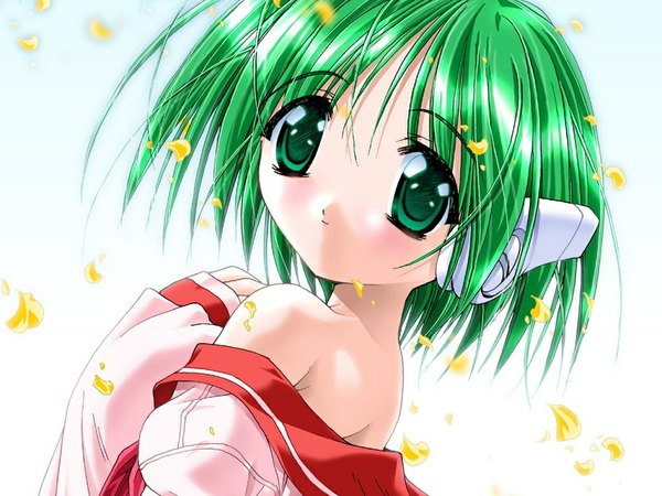 Anime picture 1024x768 with to heart multi ohno tetsuya single short hair light erotic bare shoulders green eyes green hair wallpaper girl uniform school uniform robot ears