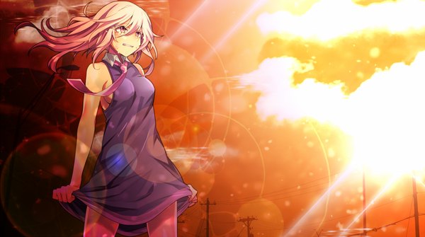 Anime picture 1500x839 with utau gahata mage toudou charo single long hair blush fringe breasts open mouth wide image standing bare shoulders holding looking away pink hair sky cloud (clouds) pink eyes wind sunlight