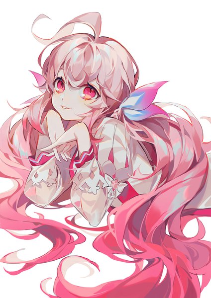 Anime picture 1000x1415 with elsword laby (elsword) radiant soul (elsword) machi (7769) single tall image fringe simple background hair between eyes white background twintails pink hair ahoge lying very long hair pink eyes low twintails looking up on stomach hands clasped