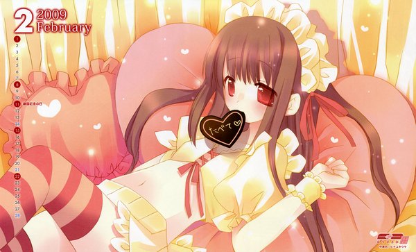 Anime picture 3965x2402 with original hinayuki usa single long hair blush highres red eyes brown hair wide image light smile scan sparkle short sleeves midriff loli puffy sleeves eating frilly skirt valentine body blush