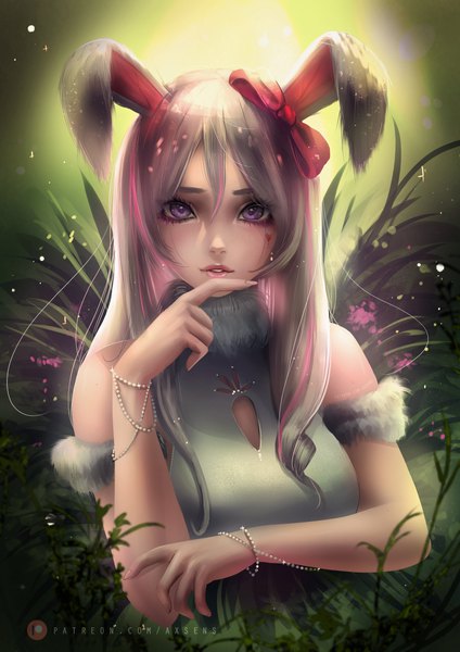 Anime-Bild 3532x5000 mit original axsen single long hair tall image looking at viewer fringe highres breasts light erotic hair between eyes purple eyes bare shoulders animal ears payot absurdres silver hair upper body outdoors parted lips