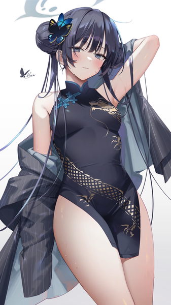 Anime-Bild 1800x3200 mit blue archive kisaki (blue archive) naru single long hair tall image looking at viewer blush fringe highres breasts light erotic black hair simple background standing white background signed blunt bangs traditional clothes arm up