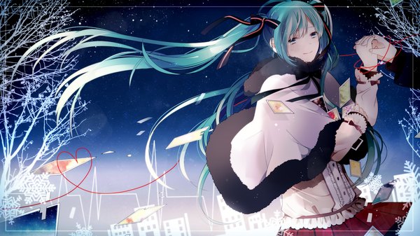 Anime picture 1280x719 with vocaloid hatsune miku yori (y rsy) long hair wide image twintails aqua eyes wind aqua hair snowing heart of string girl dress ribbon (ribbons) hair ribbon heart snowflake (snowflakes) mantle card (cards) thread
