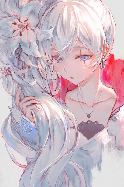 Anime picture 797x1201 with rwby rooster teeth weiss schnee ac (eshi) single long hair tall image fringe open mouth blue eyes hair between eyes upper body white hair hair flower side ponytail looking down scar holding hair girl flower (flowers)