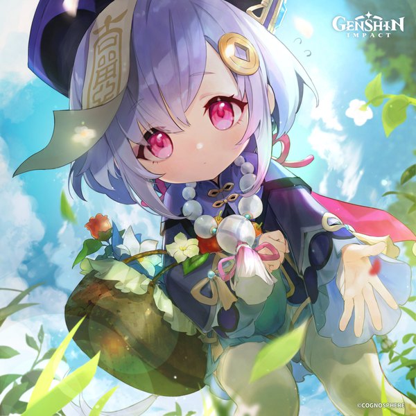 Anime-Bild 2500x2500 mit genshin impact qiqi (genshin impact) single looking at viewer highres sky purple hair cloud (clouds) outdoors pink eyes official art from below leaning leaning forward copyright name outstretched hand girl thighhighs flower (flowers) hat