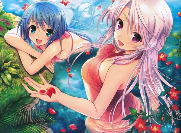 Anime picture 4548x3347 with daitoshokan no hitsujikai mochizuki maho takigawa aoi long hair blush highres open mouth blue eyes purple eyes multiple girls blue hair absurdres white hair scan girl flower (flowers) 2 girls swimsuit plant (plants) bikini