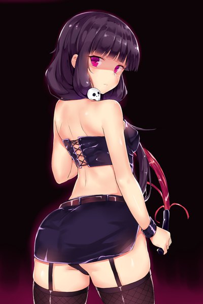 Anime picture 800x1200 with blend s a-1 pictures sakuranomiya maika yddsb123 single long hair tall image looking at viewer fringe light erotic black hair simple background twintails blunt bangs pink eyes looking back from behind low twintails black background bdsm