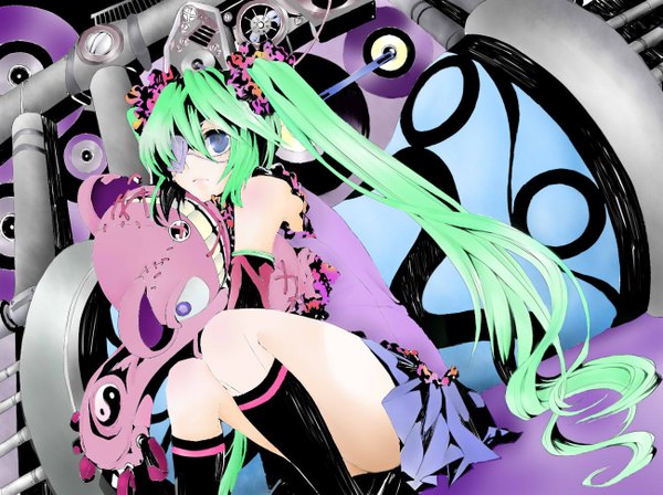 Anime picture 1300x972 with vocaloid hatsune miku macco (artist) sakuro single long hair blue eyes sitting twintails pleated skirt green hair grey eyes hug lacing girl detached sleeves toy eyepatch stuffed animal speakers