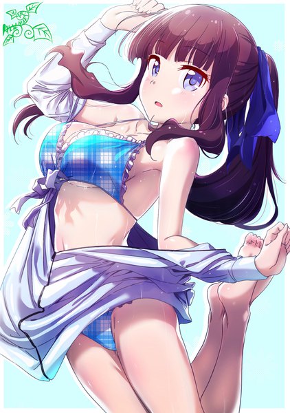 Anime picture 1440x2048 with new game! doga kobo takimoto hifumi pink x single long hair tall image looking at viewer blush fringe breasts open mouth blue eyes light erotic simple background brown hair large breasts bare shoulders payot ponytail